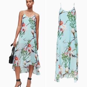 ALL SAINTS Essey Senja Maxi Dress Blue Floral Birds Asymmetric Sleeveless 8 NEW
